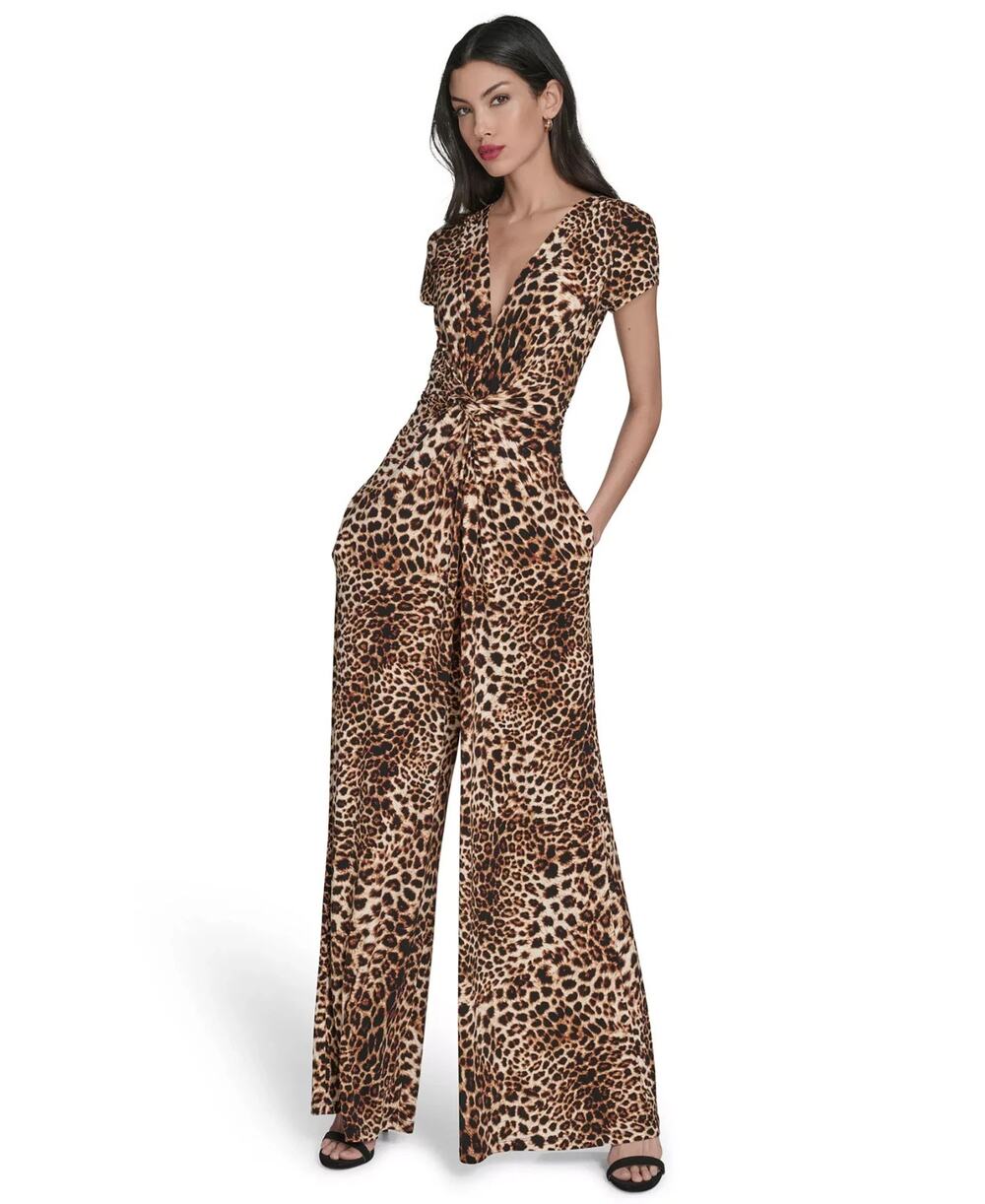 Vince Camuto Jumpsuit Women XL Brown Leopard Print Twist-Front Wide Leg Boho NWT